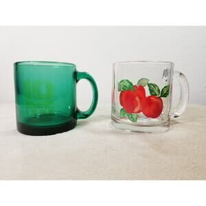 Libbey Coffee Mug Tea Cup 12oz Green Clear Glass 4" Apple Design Made in USA x2